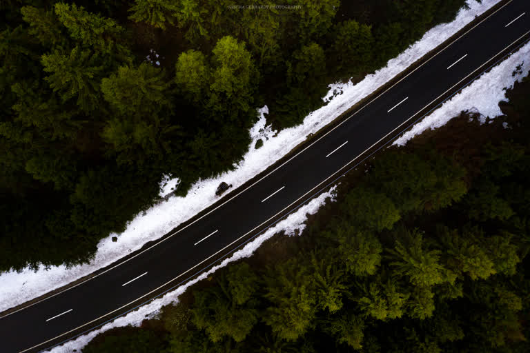一辆汽车在穿过森林的道路上行驶的鸟瞰图