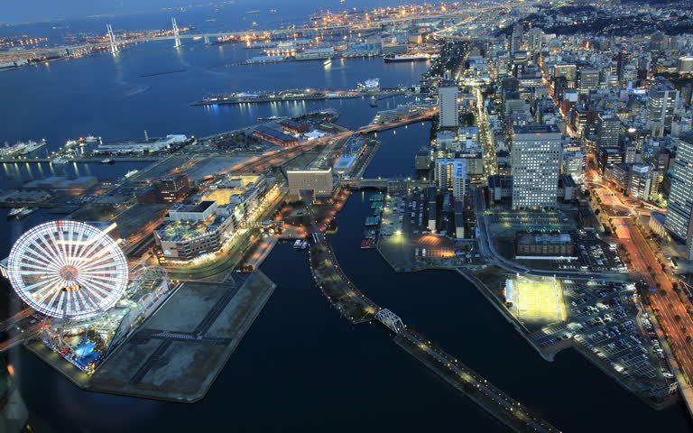鸟瞰城市夜景,中间有摩天轮
