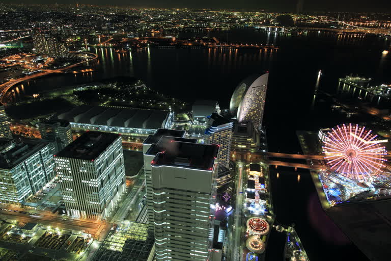 鸟瞰远处有摩天轮的城市夜景