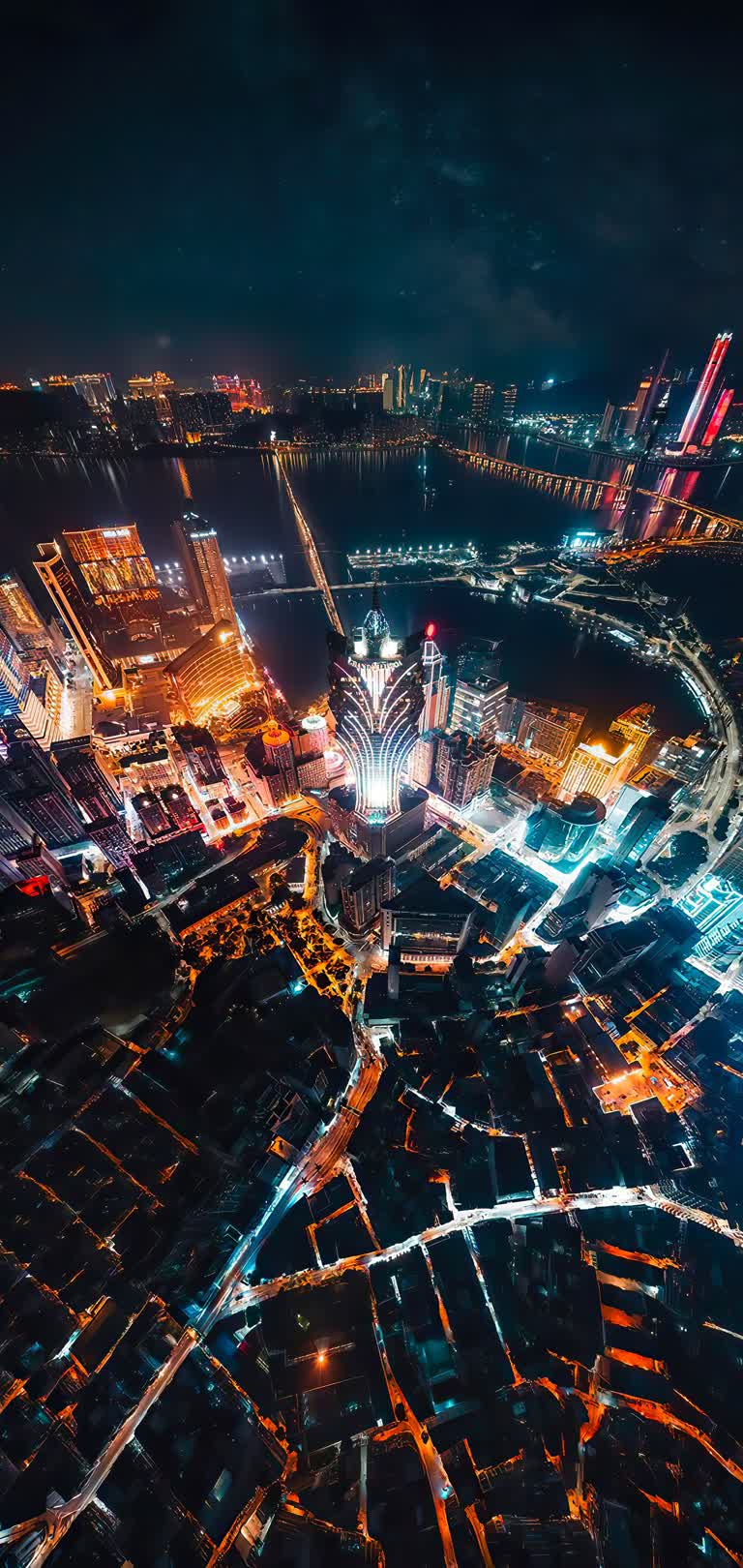 夜间城市的鸟瞰图,灯光璀璨