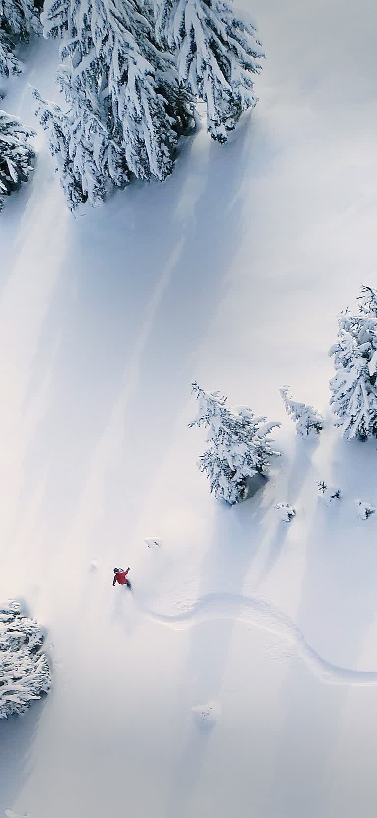 一个人从白雪覆盖的山上滑雪的鸟瞰图