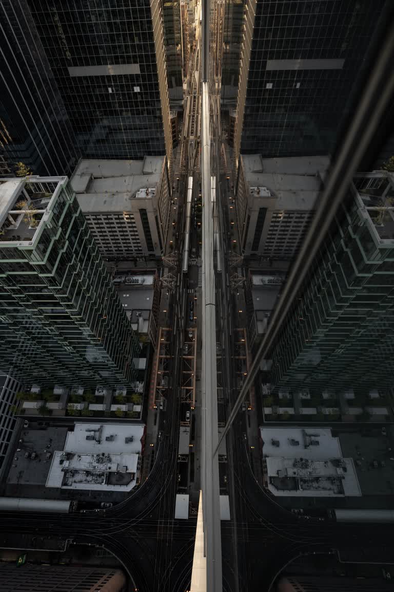 火车在高楼林立的城市中行驶的鸟瞰图