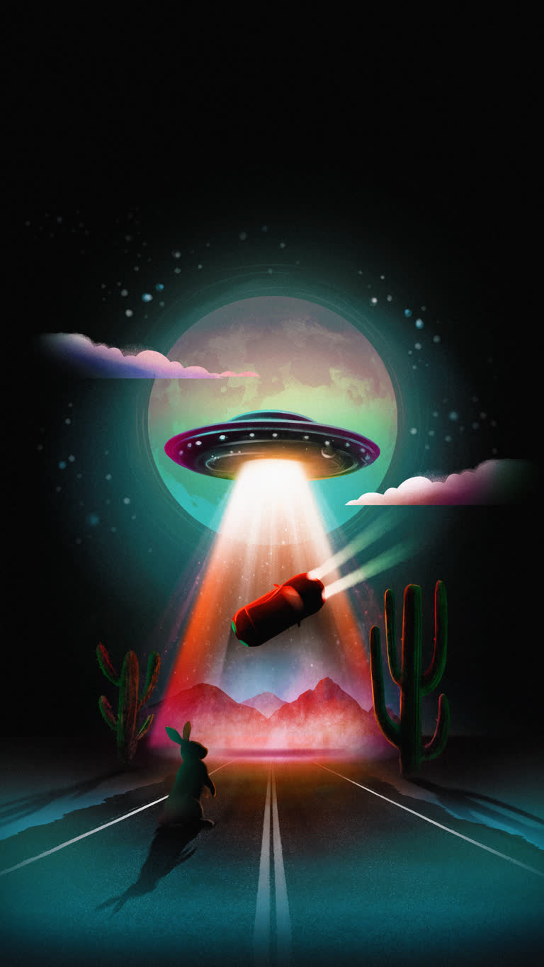 有一个外星人飞越沙漠,里面有一辆汽车