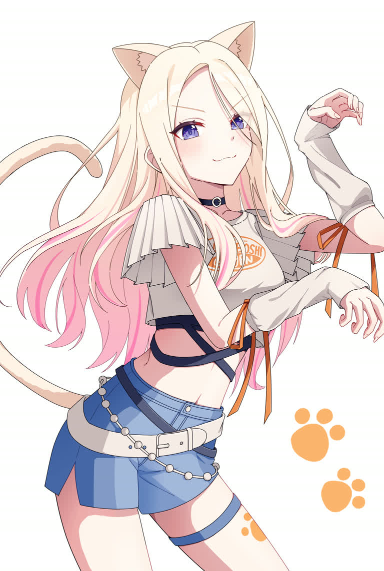 有一个留着猫尾巴和粉红色头发的动漫女孩
