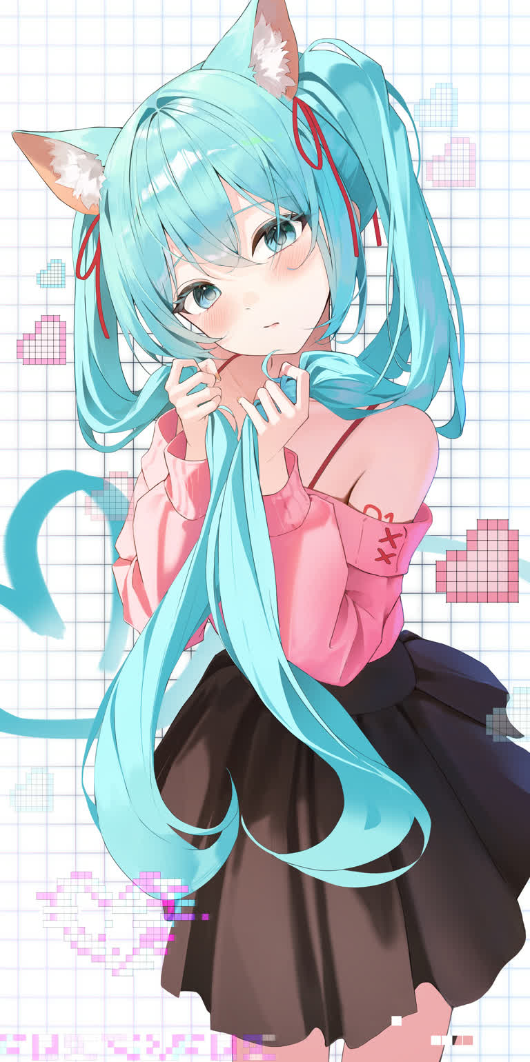 有一个蓝色长发和猫耳朵的动漫女孩