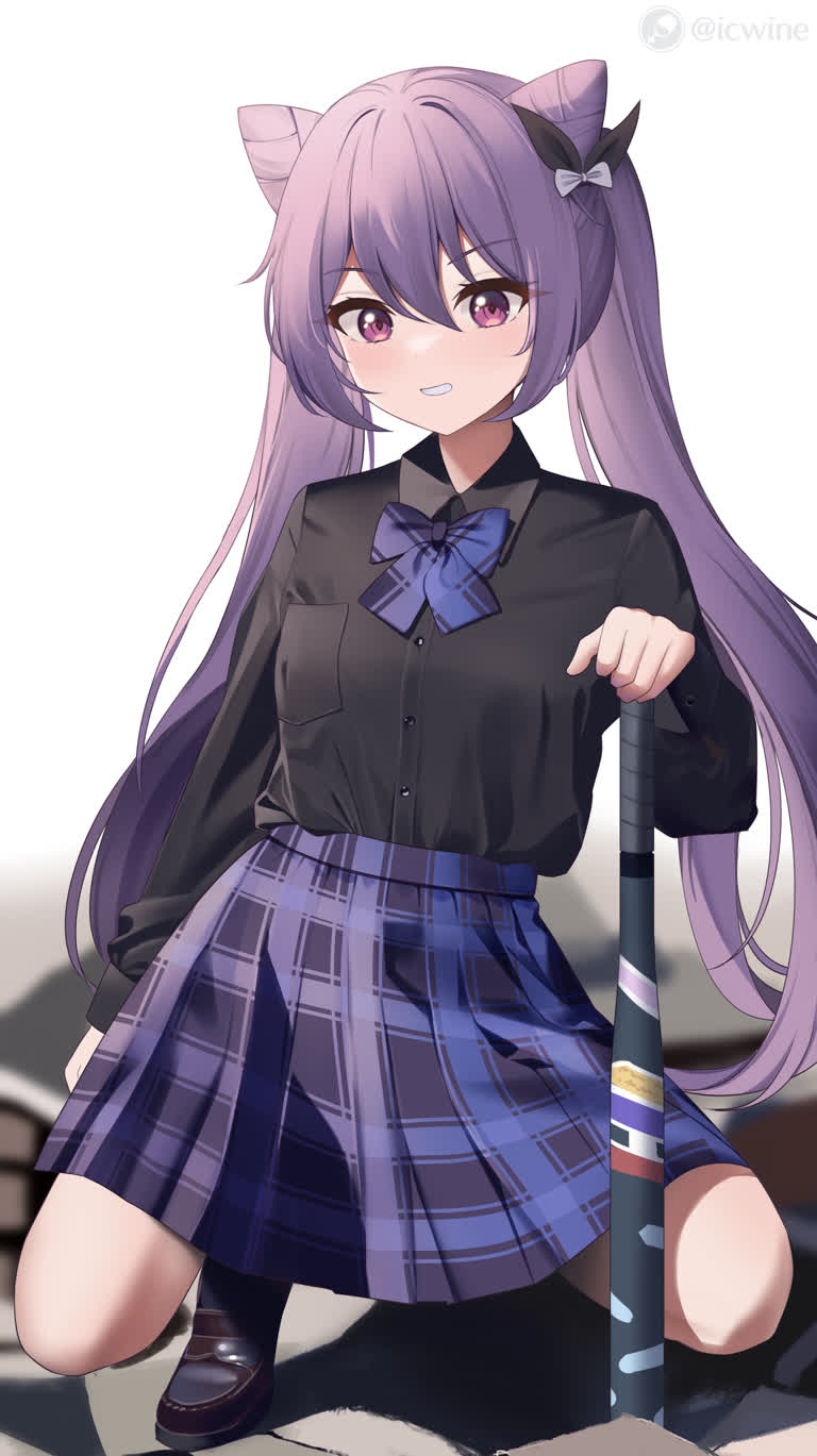 有一个紫色长发的动漫女孩拿着棒球棒