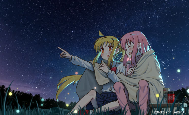 夜空下的长椅上坐着两个动漫女孩
