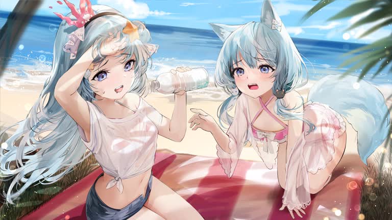 海滩上有两个动漫女孩坐在毯子上
