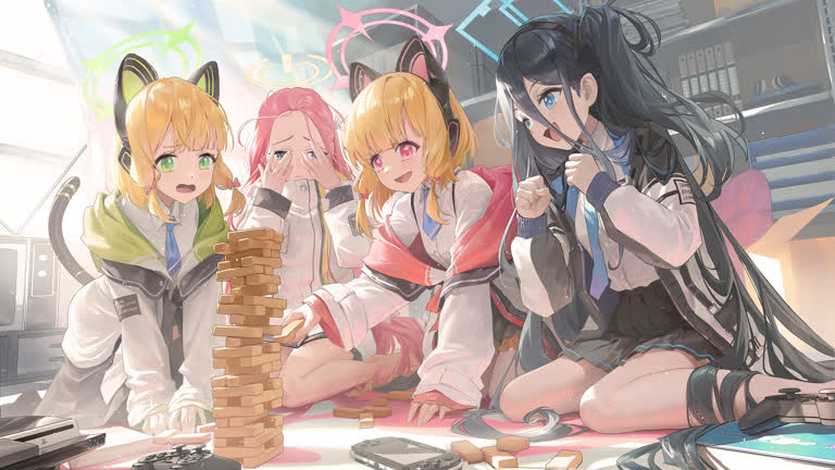 有四个动漫女孩坐在地板上玩游戏