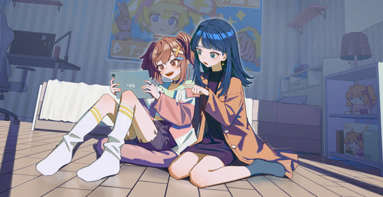一个房间里有两个动漫女孩坐在地板上