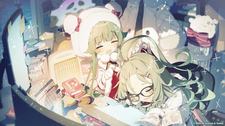 有两个动漫女孩一起坐在一个房间里