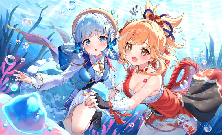 有两个动漫女孩站在水里