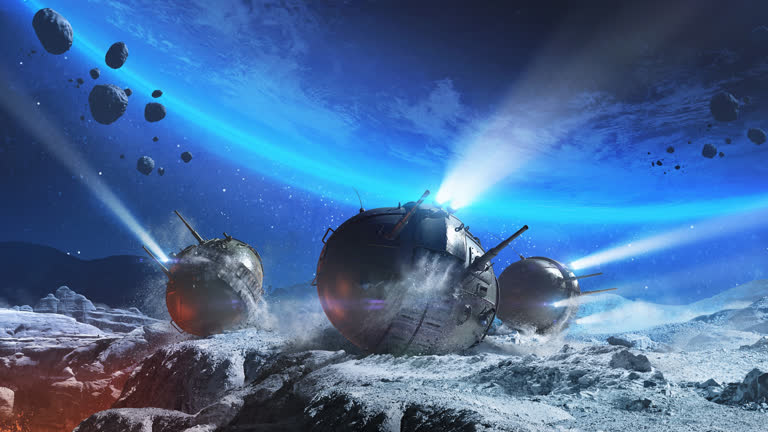 艺术家对宇宙飞船登陆月球的科幻场景的印象