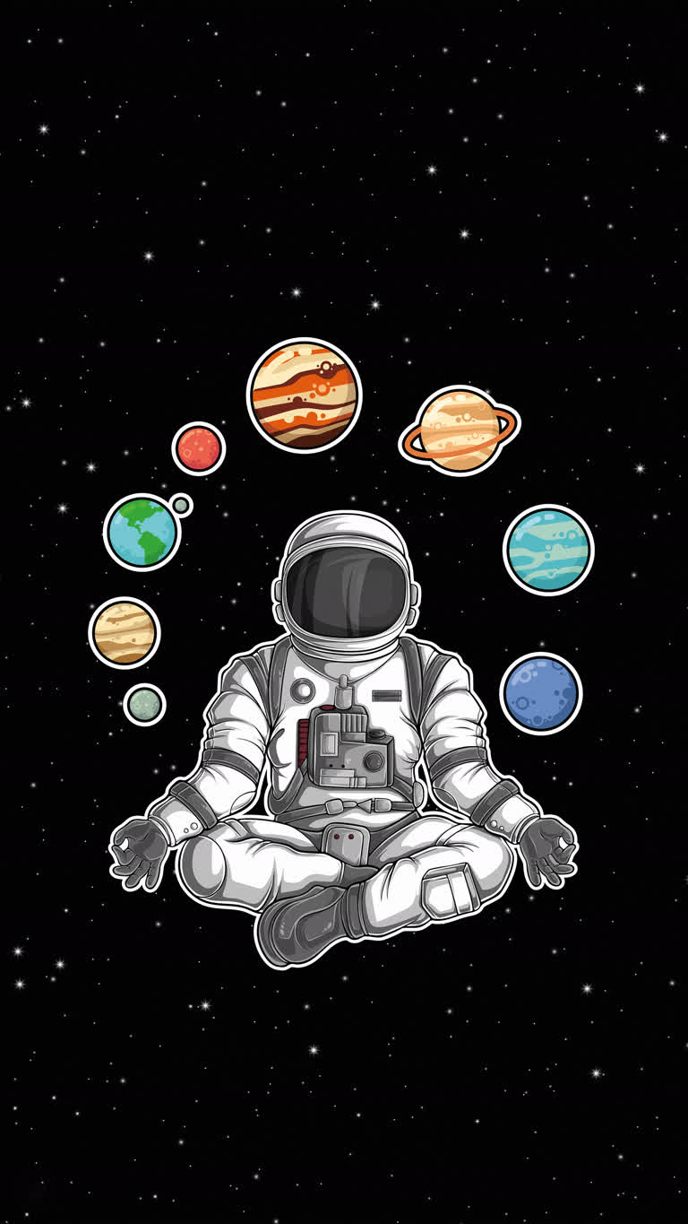 一名宇航员坐在以行星为背景的空间中央