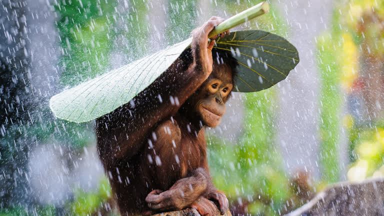有一只小猩猩在雨中撑着伞