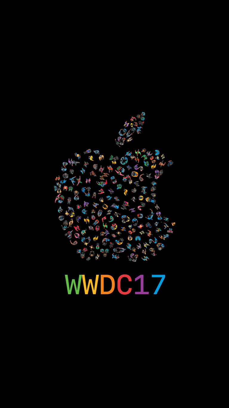 有一个黑色背景,上面有一个彩色的苹果标志和wwdc17字样