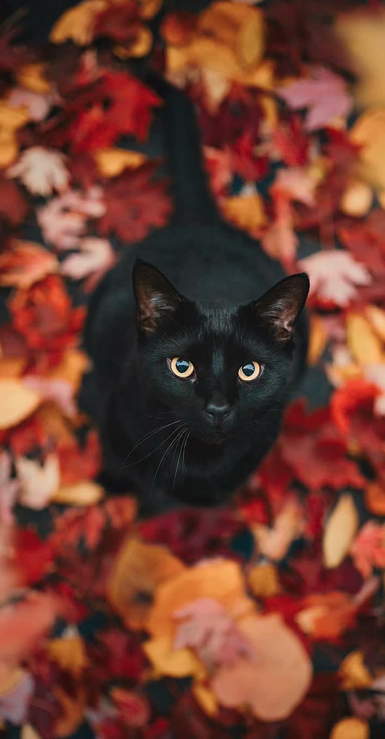 有一只黑猫坐在一堆树叶里
