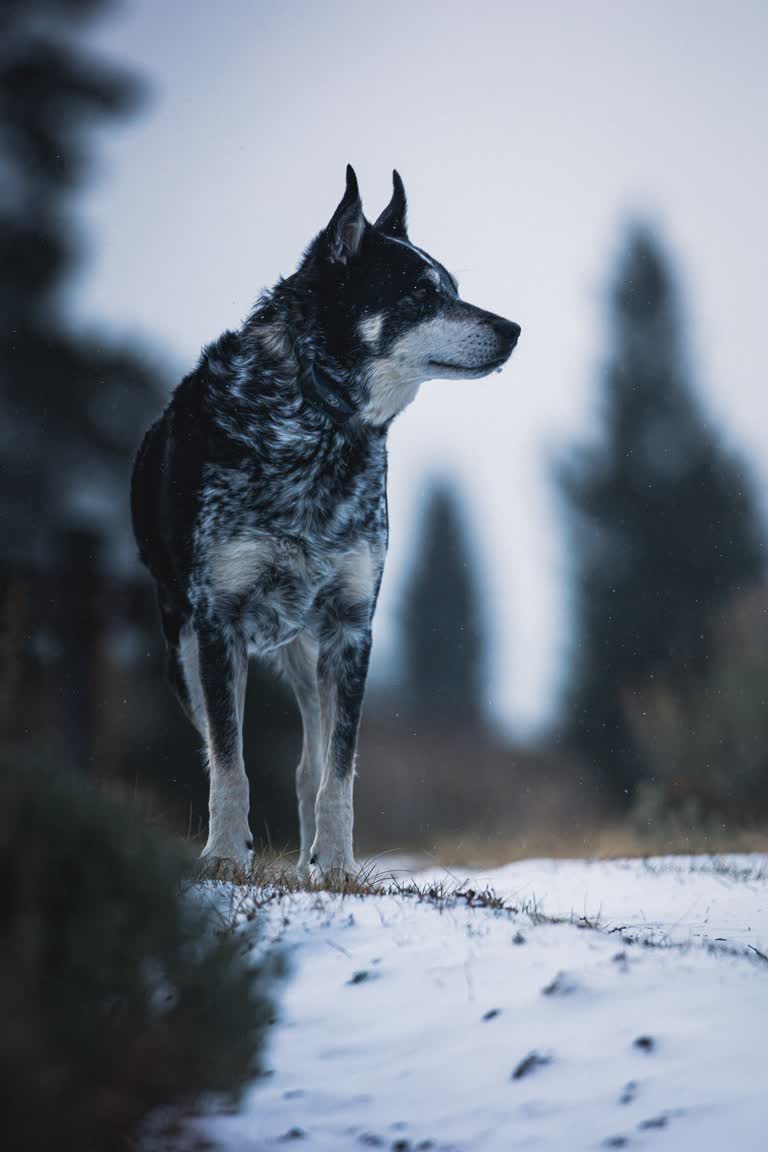 有一只黑白相间的狗站在雪地里