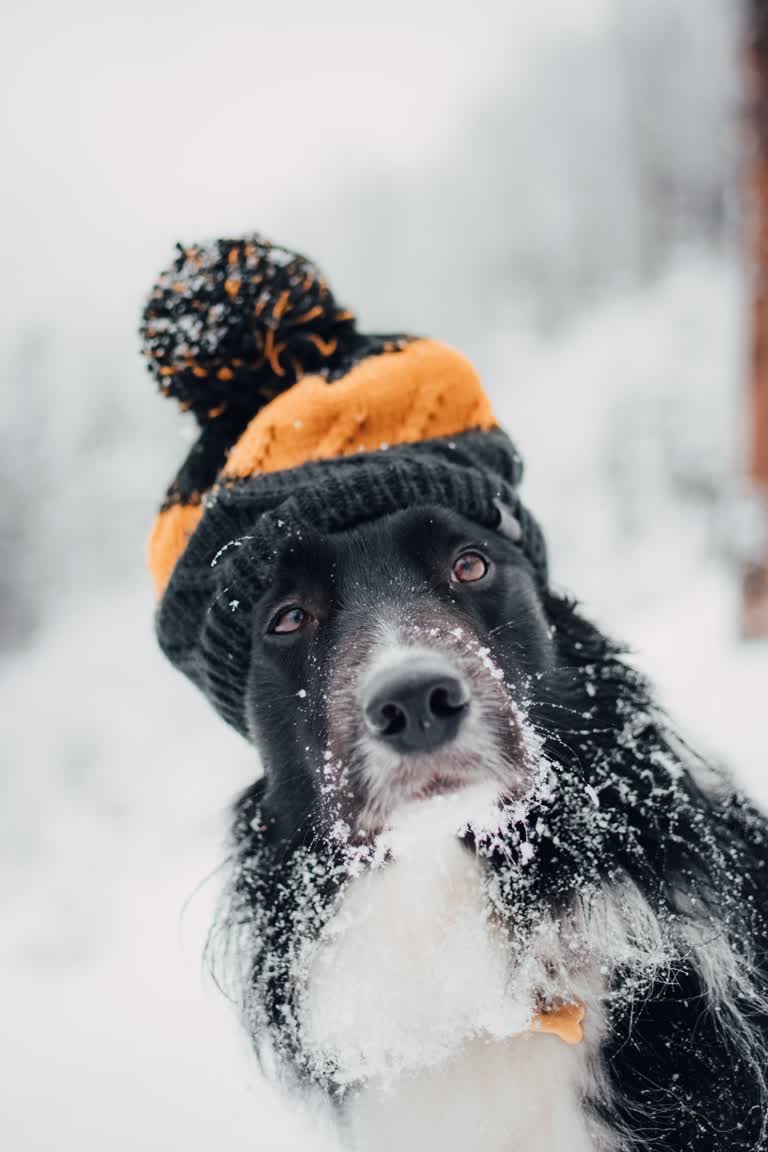 雪地里有一只戴着帽子和围巾的黑白狗
