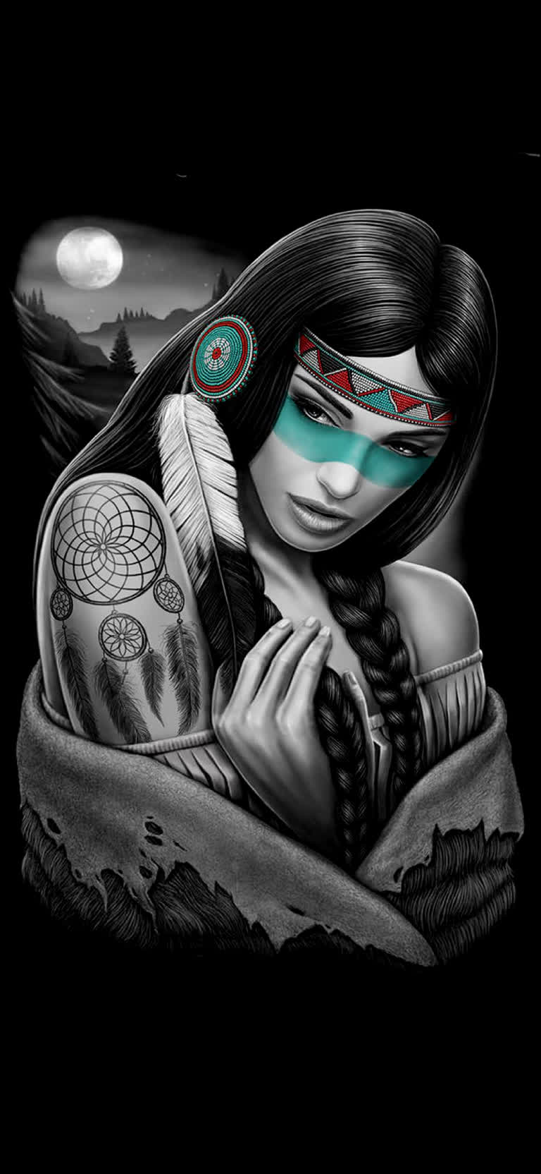 黑白画,描绘一个拿着羽毛的土著妇女