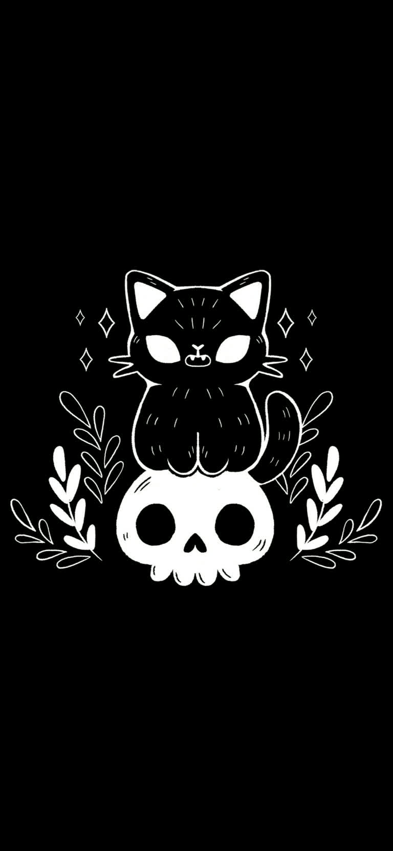 一只猫坐在头骨顶部的黑白图像