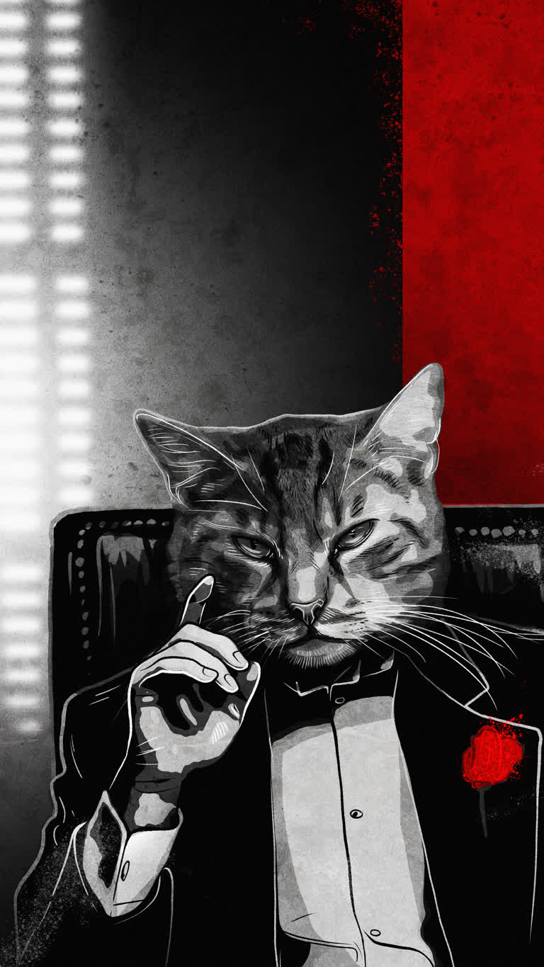穿着燕尾服的猫抽烟的黑白照片