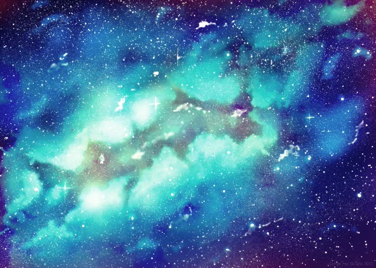 有一个蓝绿色的星系,天上有星星