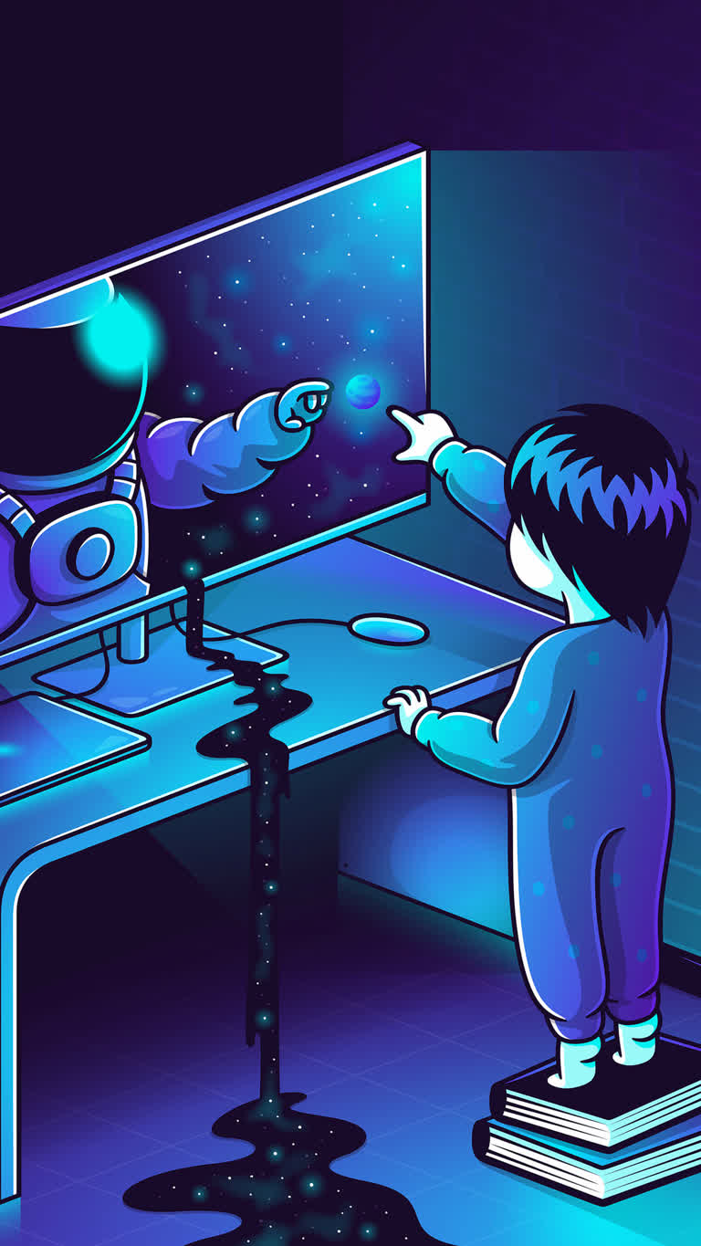 有一个小男孩站在电脑屏幕前
