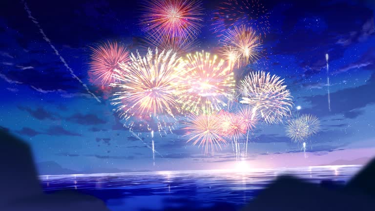 夜空中色彩鲜艳的烟花在水体上空