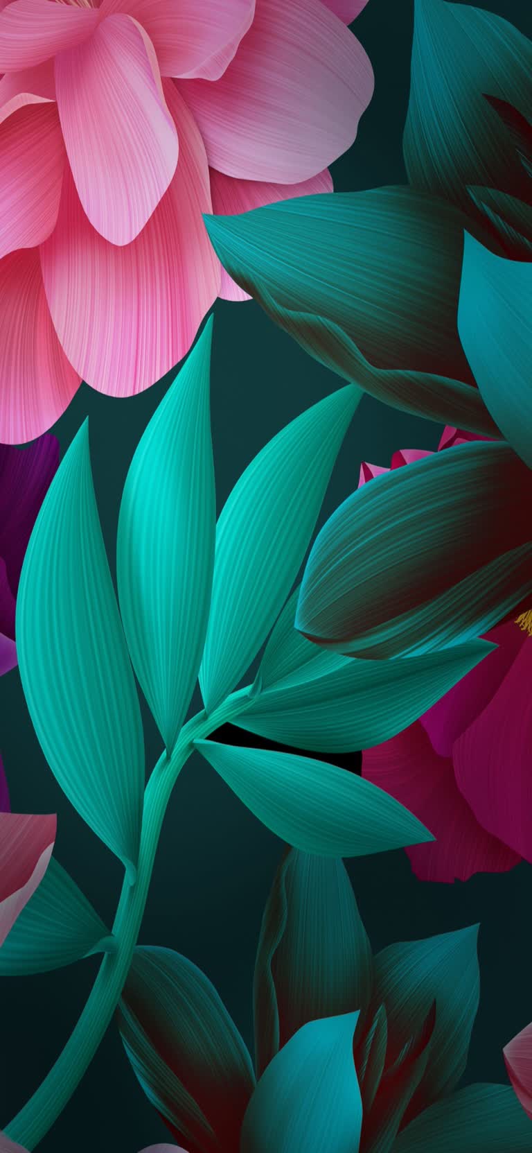 深色背景上色彩鲜艳的花朵和绿叶