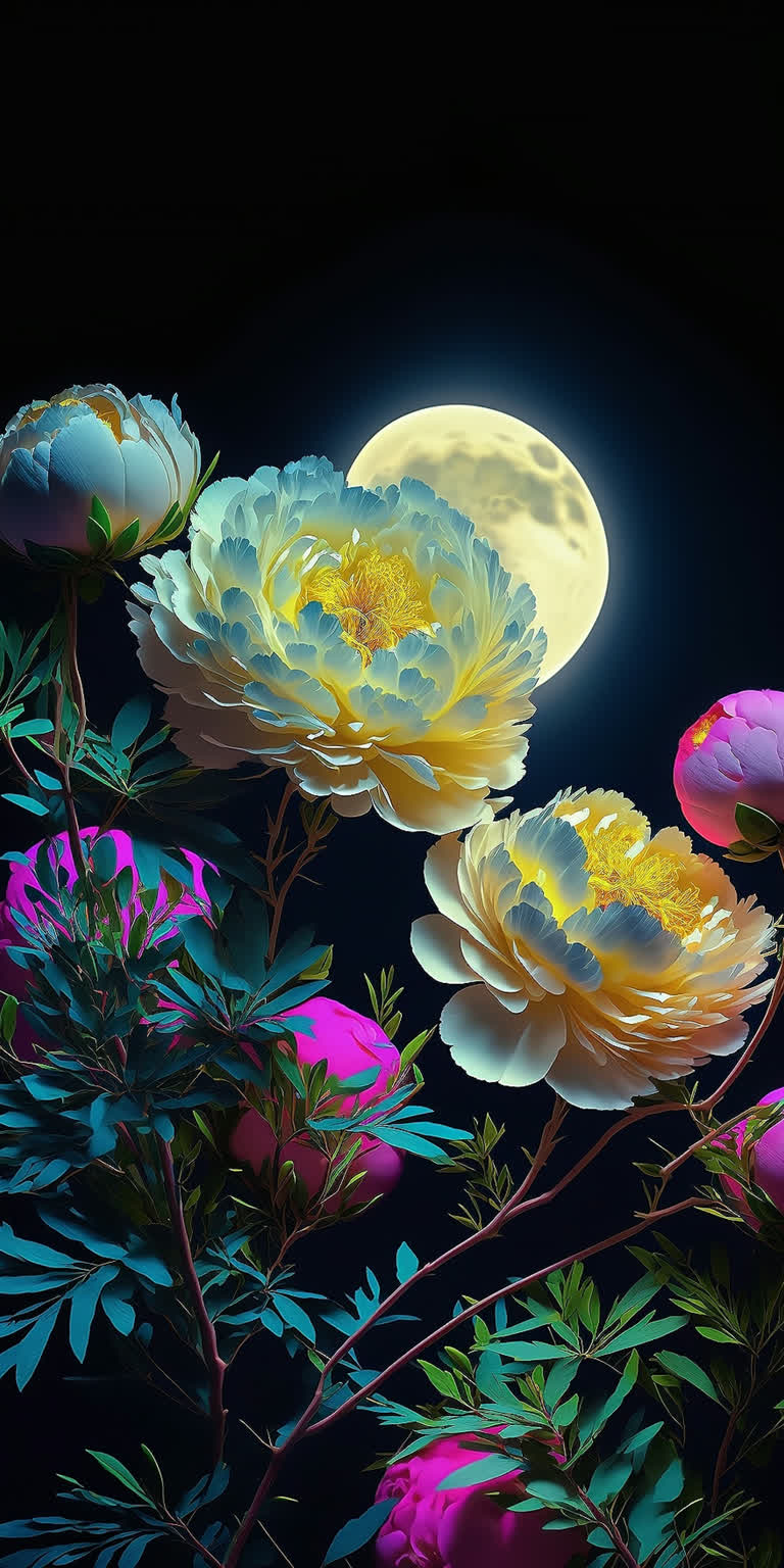 夜色满月前色彩鲜艳的牡丹