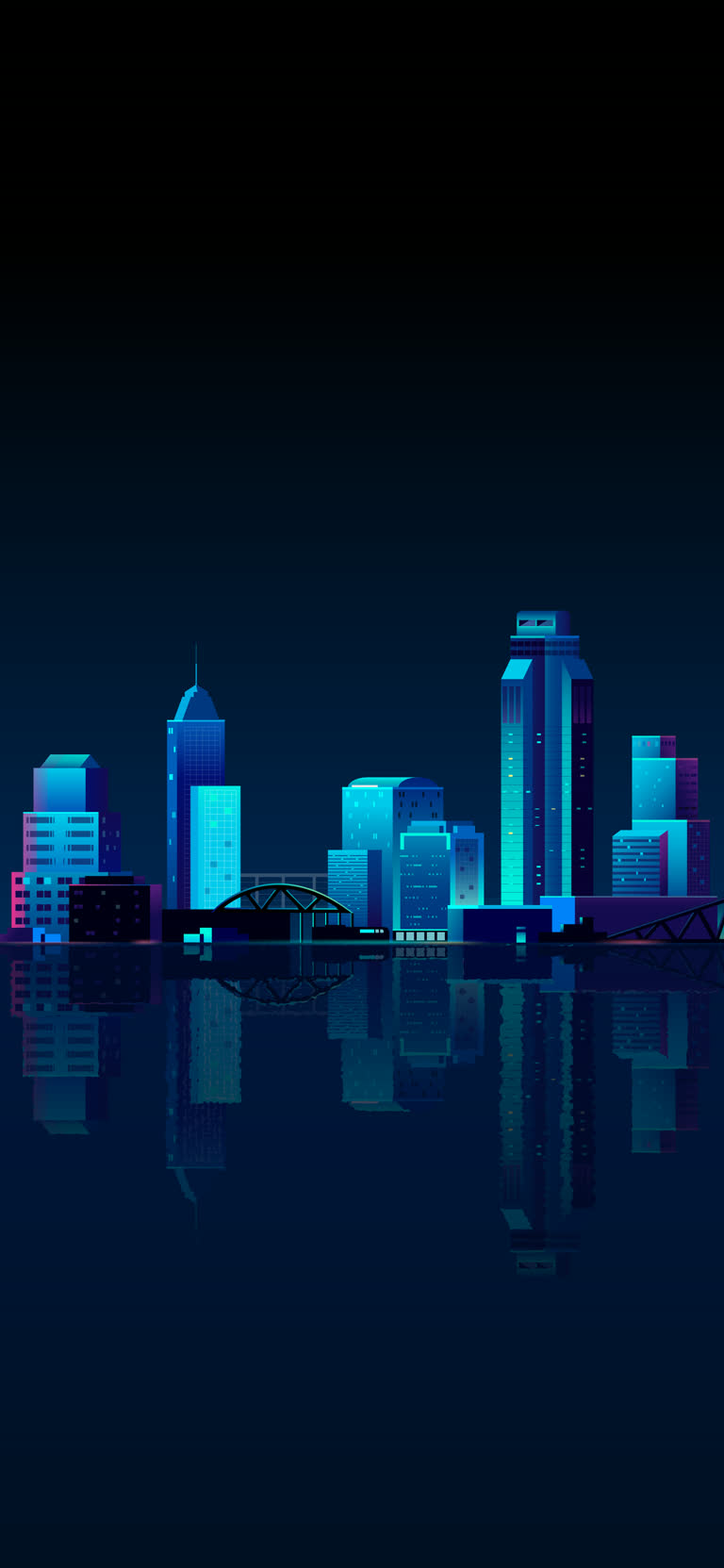 夜间灯火通明的城市天际线倒映在水中