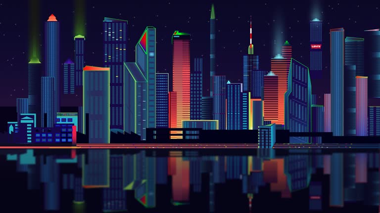 夜晚灯火通明的城市景观,倒映在水中