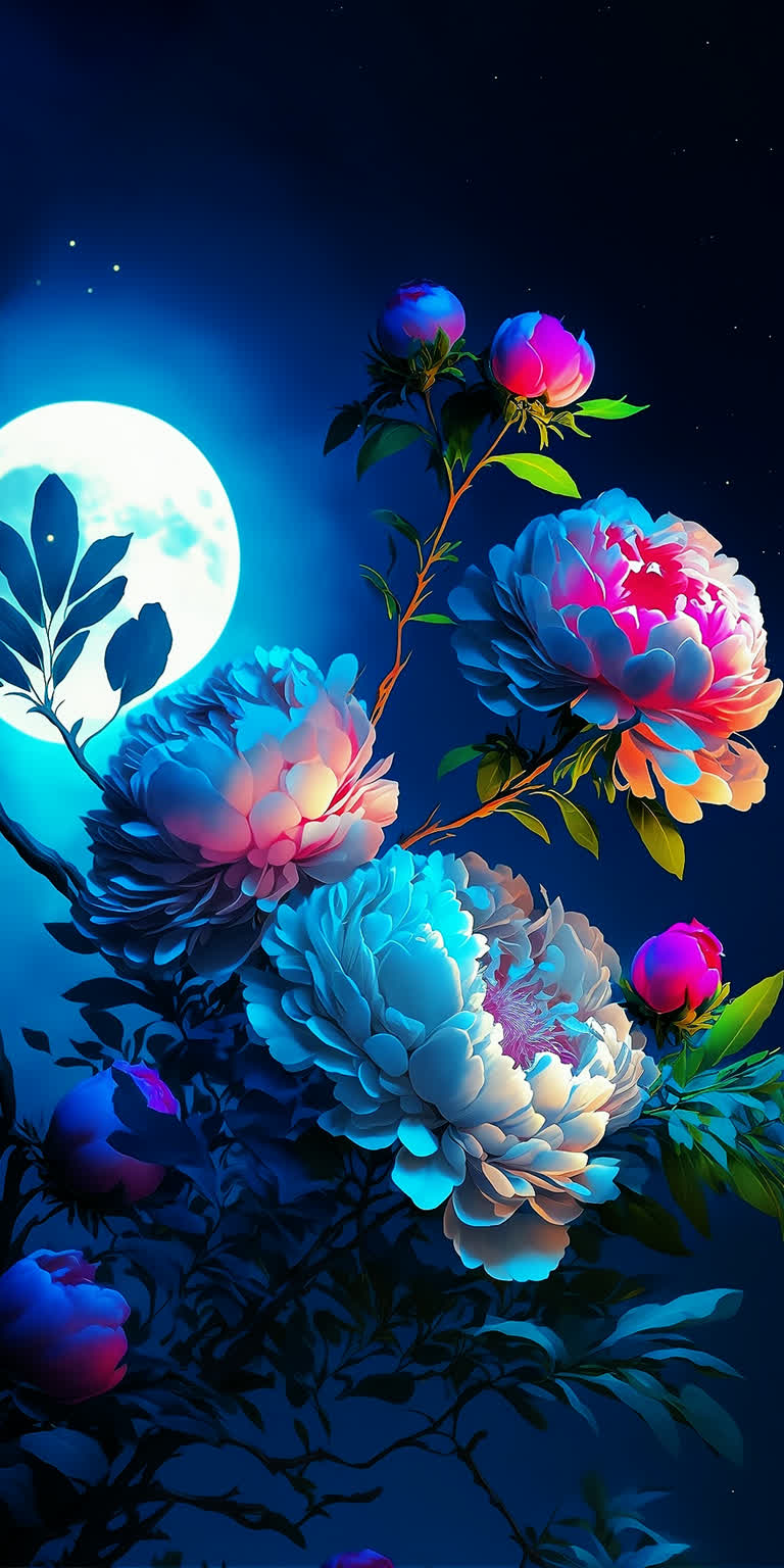 夜空中满月前璀璨的鲜花