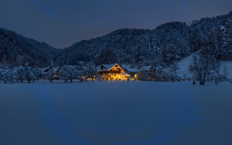 夜晚雪原中央有一间小木屋