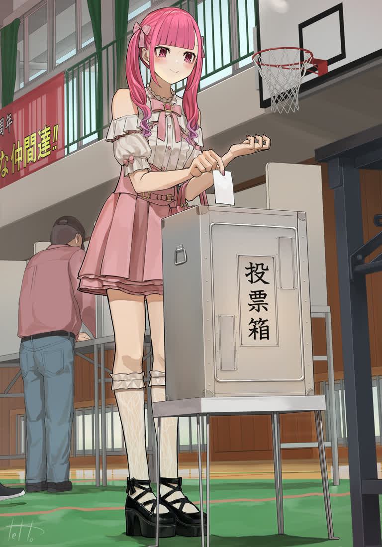 有一个女孩把她的选票放在盒子里的卡通形象