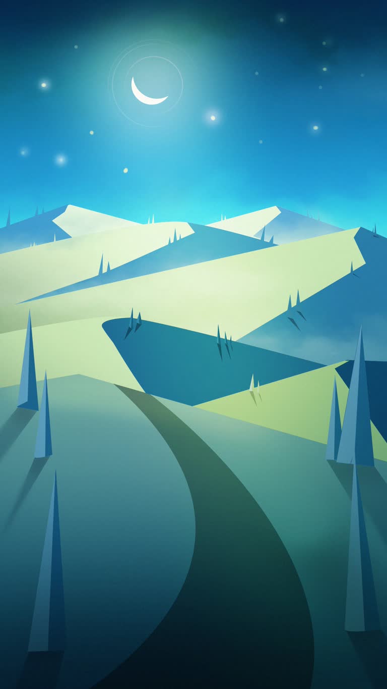 有一张卡通图片,描绘了夜晚的山景