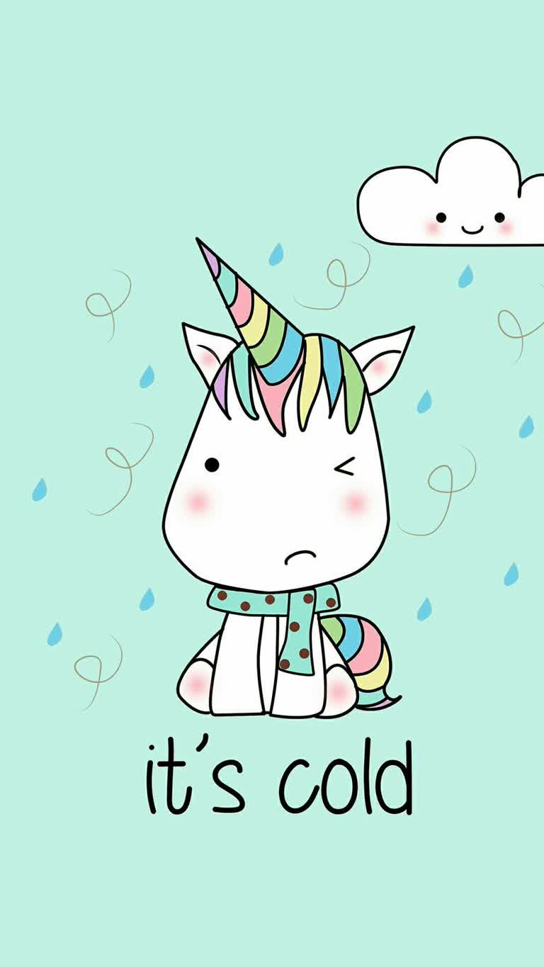 有一只坐在雨中坐的卡通独角兽