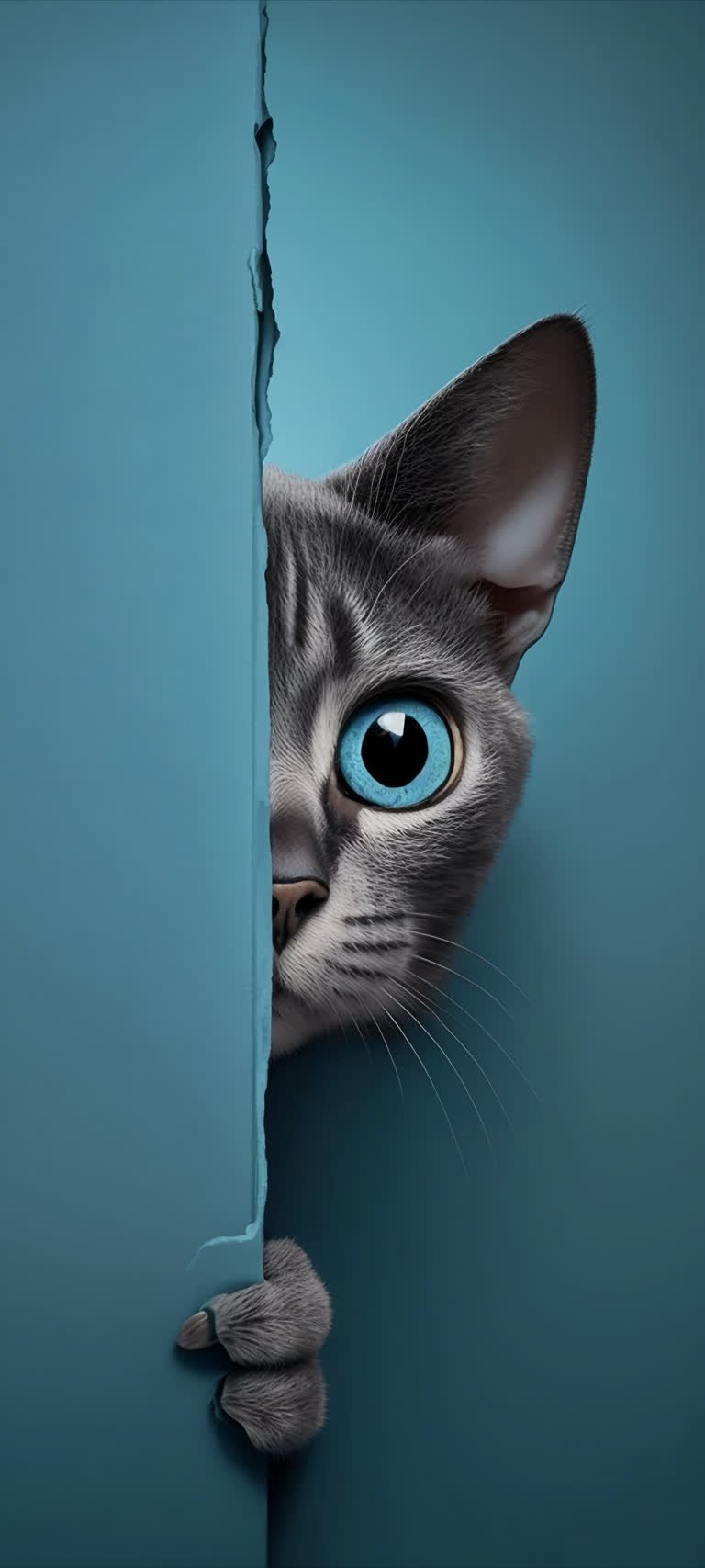 有一只蓝眼睛的猫从墙后探出头来