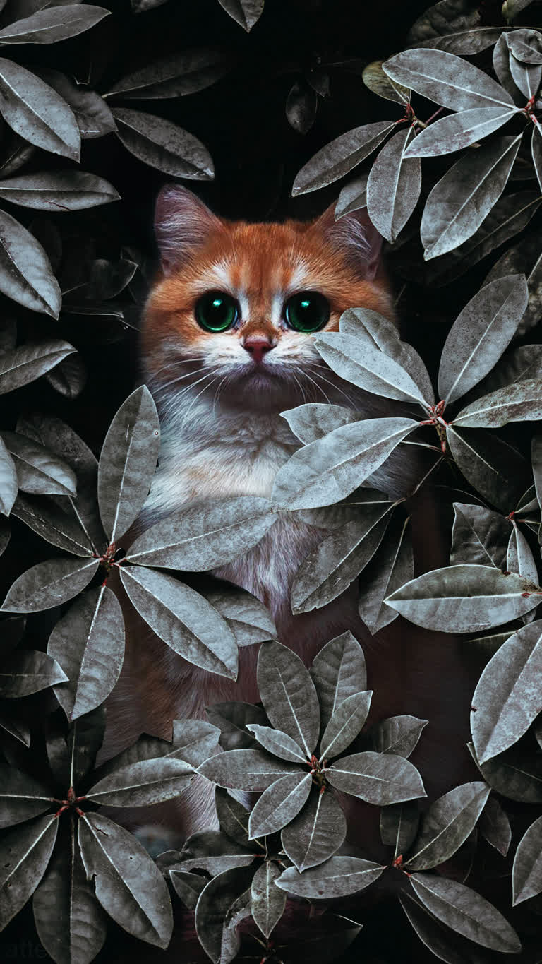 有一只猫躲在树叶里