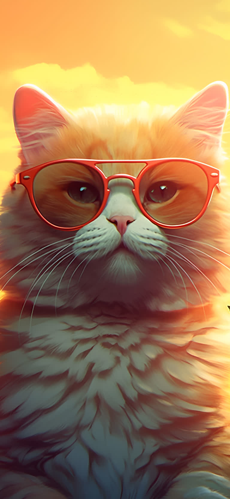 有一只戴着红眼镜的猫坐在阳光前