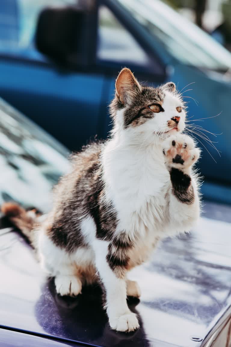 有一只猫坐在汽车引擎盖上