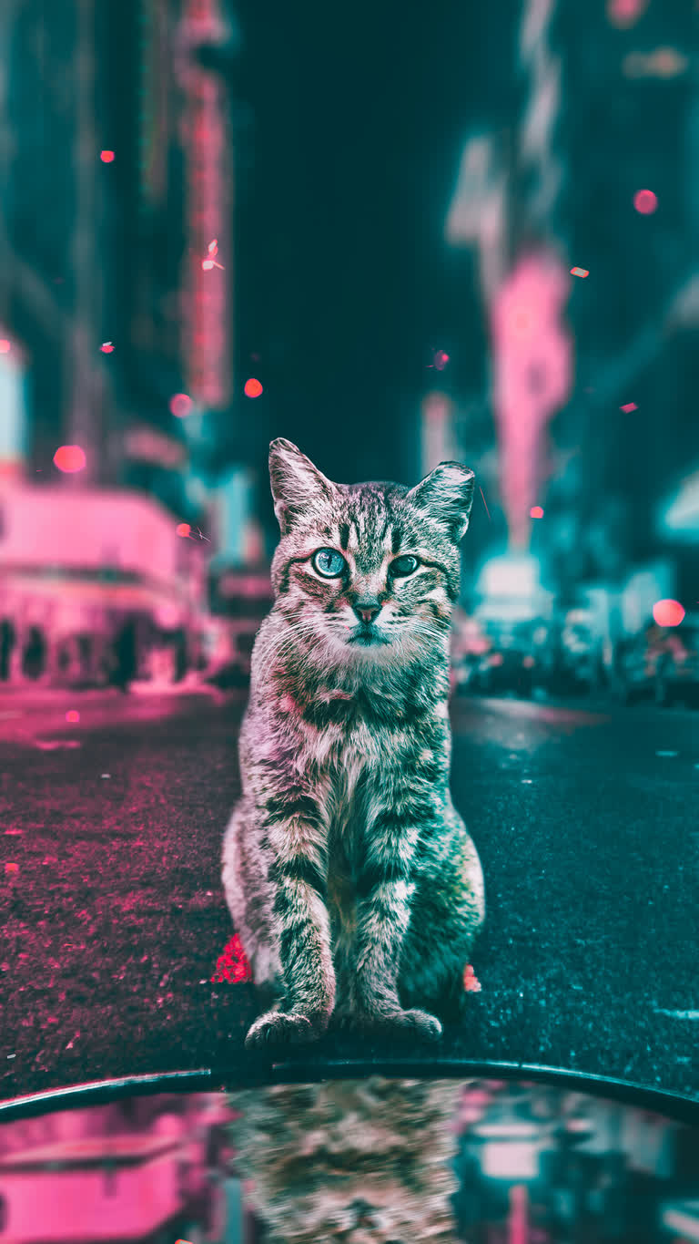 有一只猫坐在汽车引擎盖上