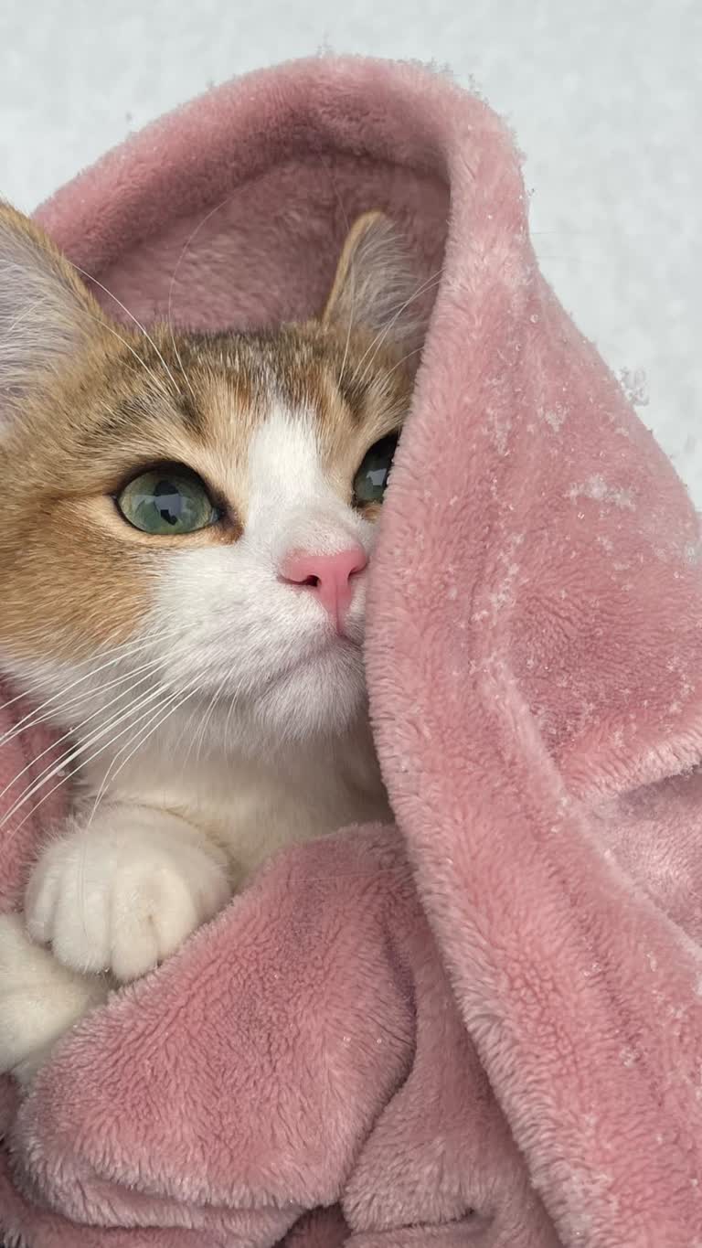 有一只猫被粉色的毯子包裹着