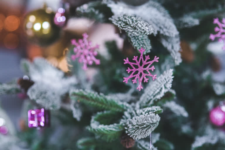 有一棵带有雪花的圣诞树的特写