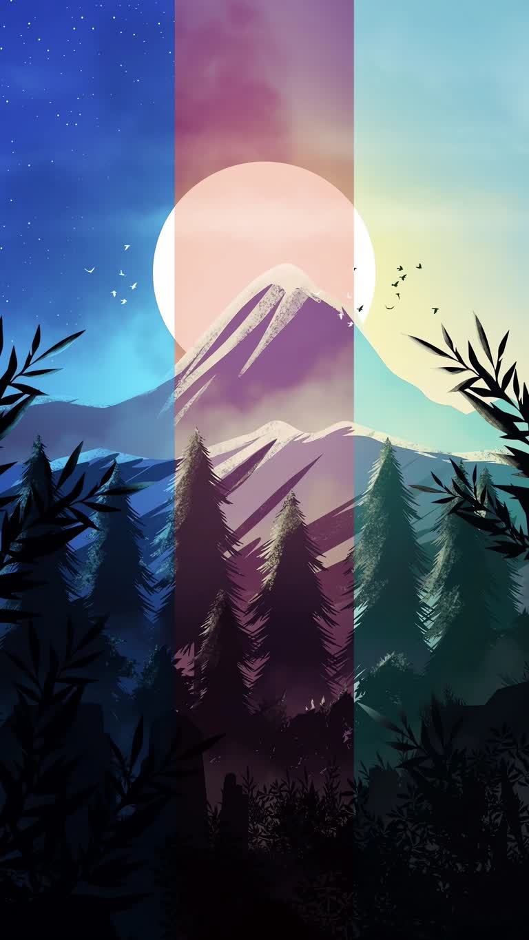 有四种不同的山脉图像,背景是树木