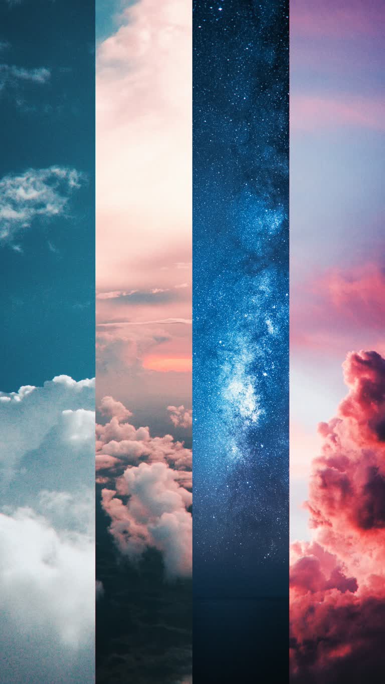 有四种不同的天空图像,有云和星星