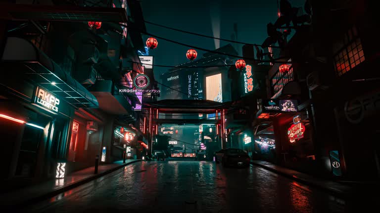 夜晚昏暗的城市街道,红色和绿色霓虹灯