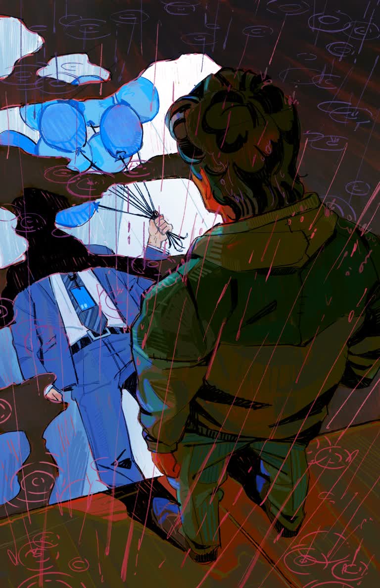 有一幅画,一男一女站在雨中