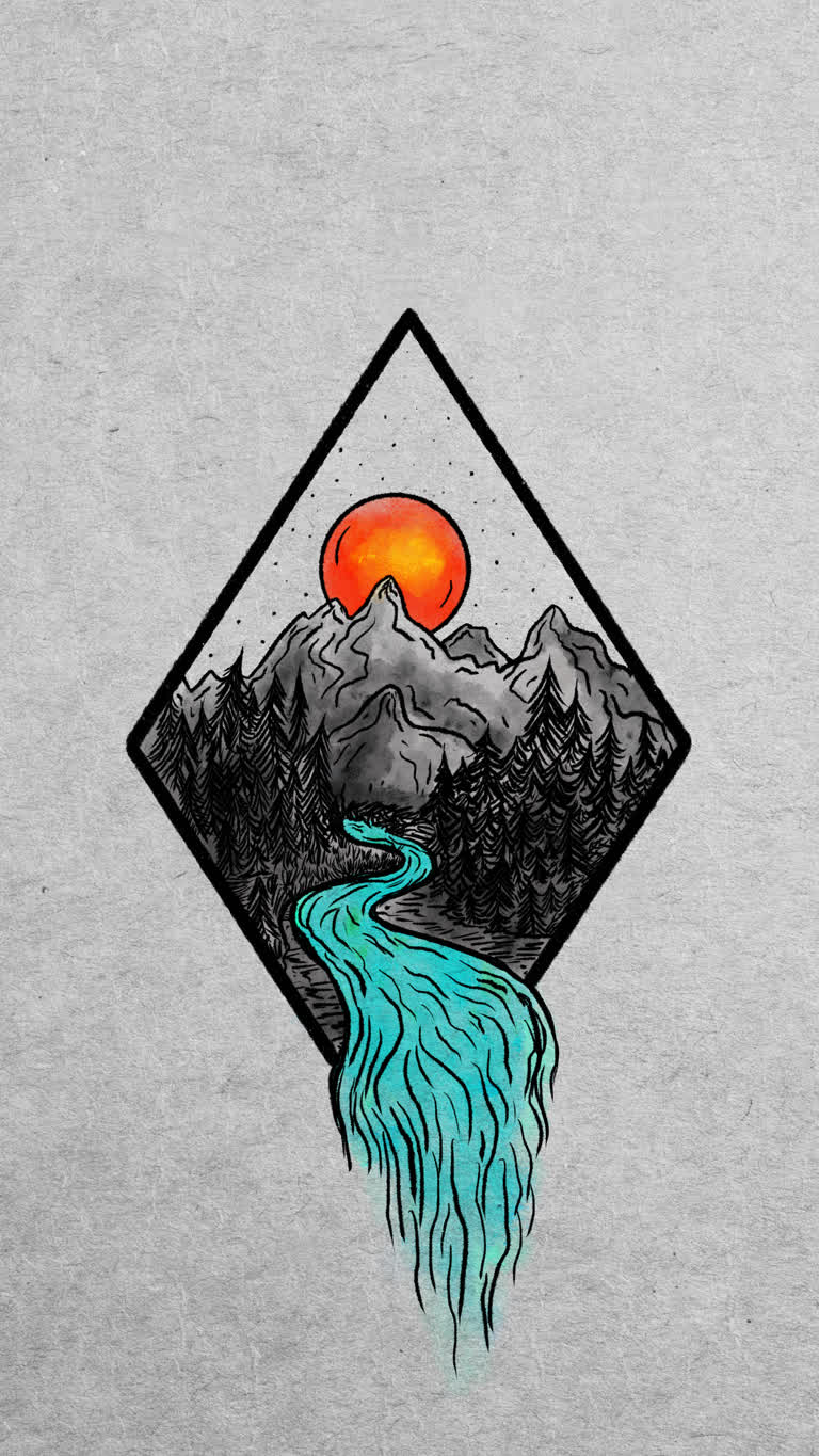 一幅山的图画,中间有一条河流